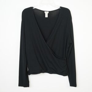 J. Jill Rayon Jersey Top LP Black V-Neck Wrap Front Classic Comfy Petite Womens